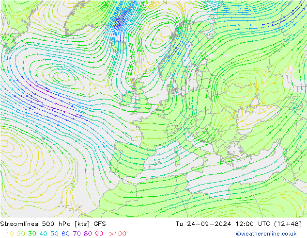 Stromlinien 500 hPa GFS Di 24.09.2024 12 UTC