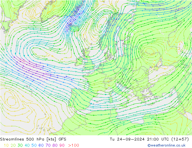 Streamlines 500 hPa GFS Tu 24.09.2024 21 UTC