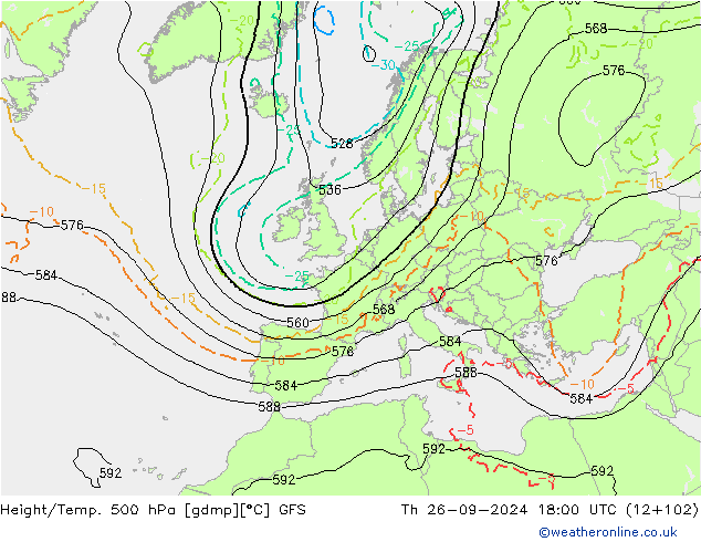 Z500/Rain (+SLP)/Z850 GFS Do 26.09.2024 18 UTC