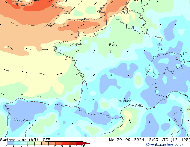 Surface wind (bft) GFS Mo 30.09.2024 18 UTC