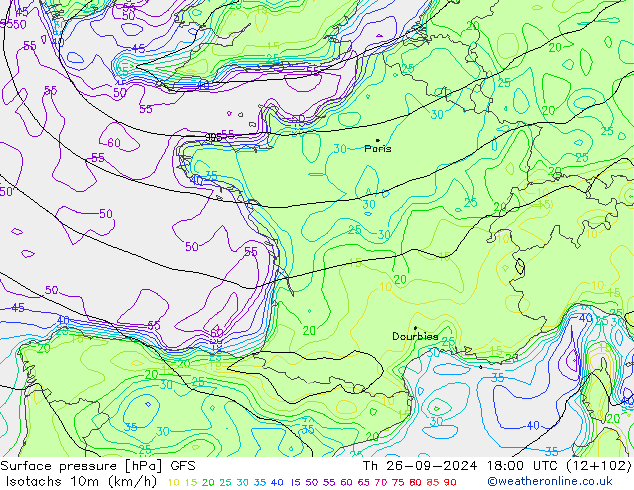 Izotacha (km/godz) GFS czw. 26.09.2024 18 UTC