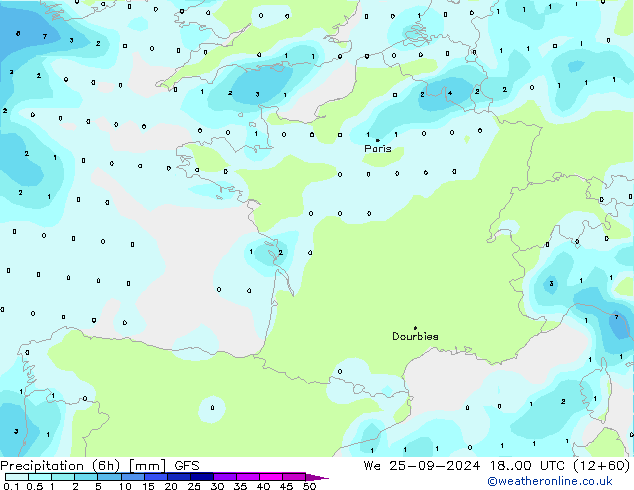 Precipitation (6h) GFS We 25.09.2024 00 UTC