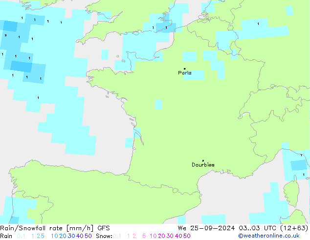 Regen/Schneefallrate GFS Mi 25.09.2024 03 UTC