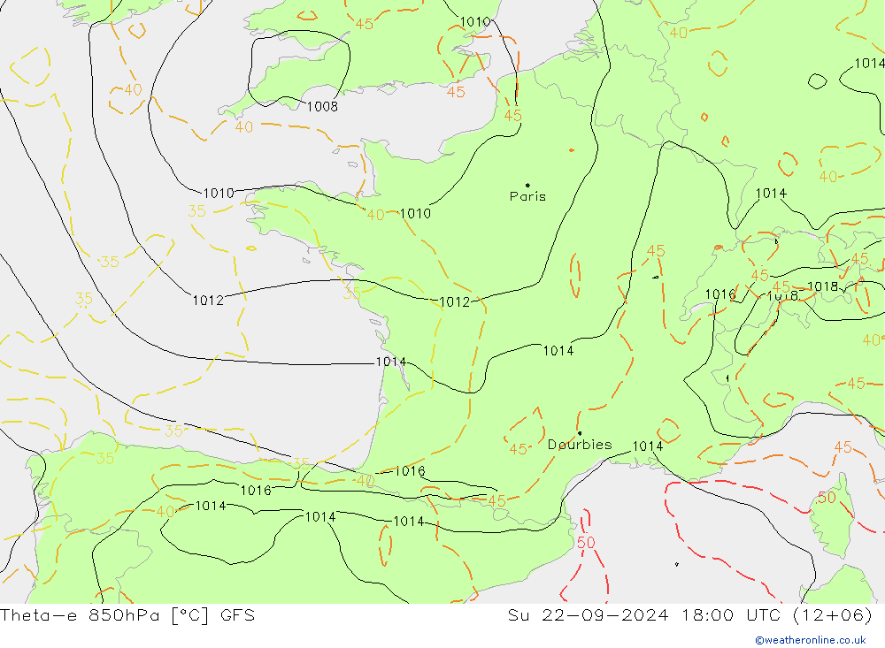 Theta-e 850hPa GFS So 22.09.2024 18 UTC