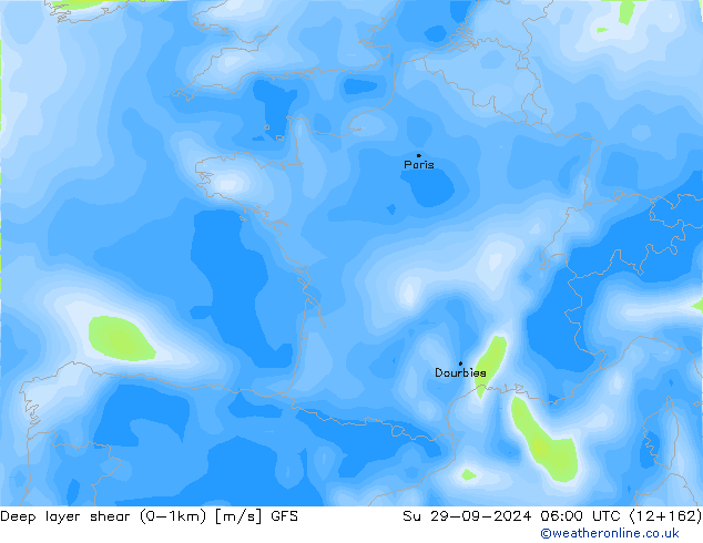 Deep layer shear (0-1km) GFS dom 29.09.2024 06 UTC