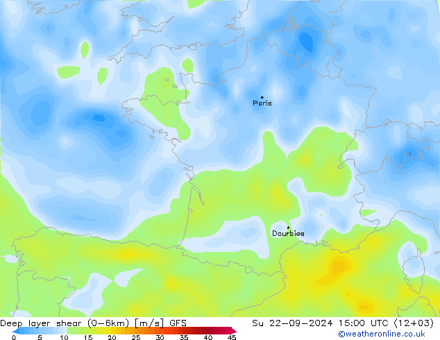 Deep layer shear (0-6km) GFS Вс 22.09.2024 15 UTC