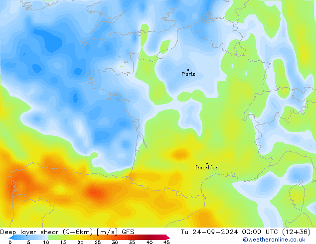 Deep layer shear (0-6km) GFS Tu 24.09.2024 00 UTC