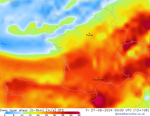 Deep layer shear (0-6km) GFS pt. 27.09.2024 00 UTC