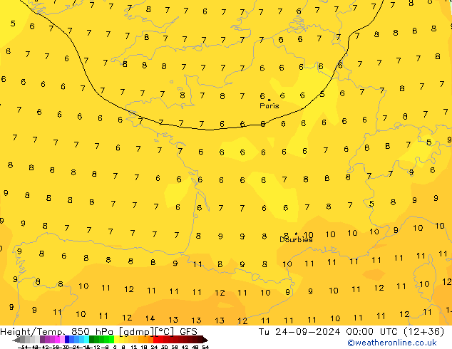 Géop./Temp. 850 hPa GFS mar 24.09.2024 00 UTC