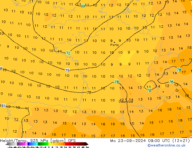 Hoogte/Temp. 925 hPa GFS ma 23.09.2024 09 UTC