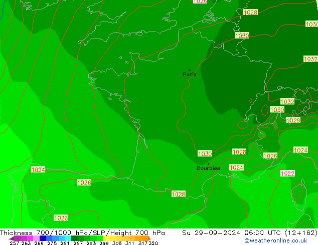 Thck 700-1000 hPa GFS dom 29.09.2024 06 UTC