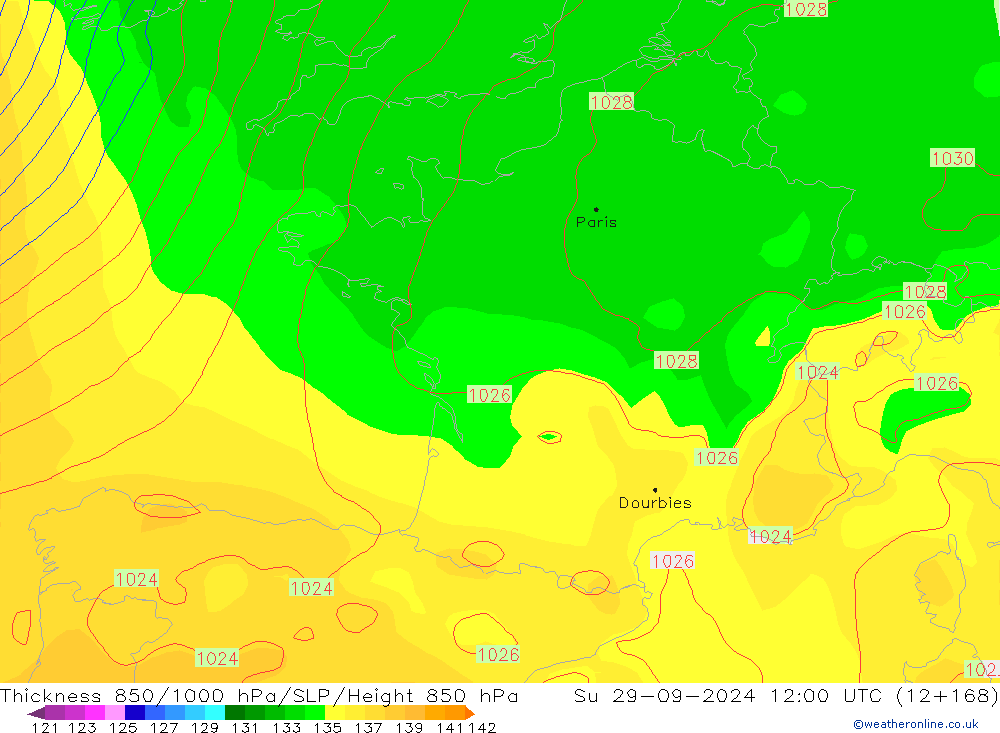 Thck 850-1000 hPa GFS dim 29.09.2024 12 UTC