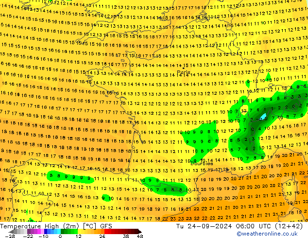 Max.temperatuur (2m) GFS di 24.09.2024 06 UTC