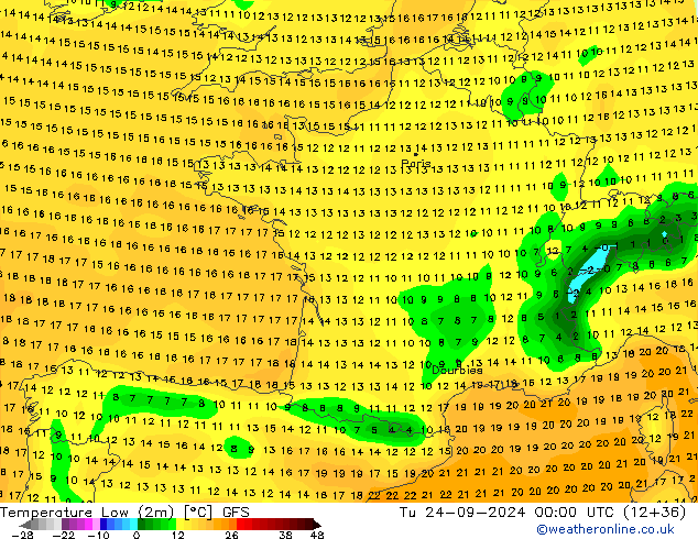 Min.temperatuur (2m) GFS di 24.09.2024 00 UTC