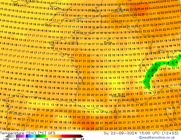 mapa temperatury (2m) GFS nie. 22.09.2024 15 UTC