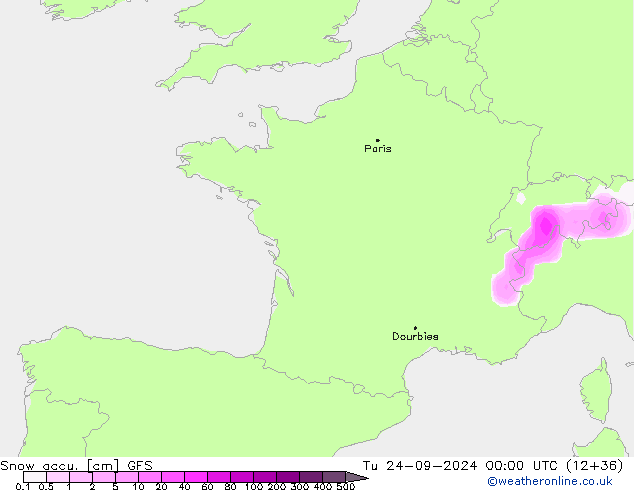 Snow accu. GFS Tu 24.09.2024 00 UTC