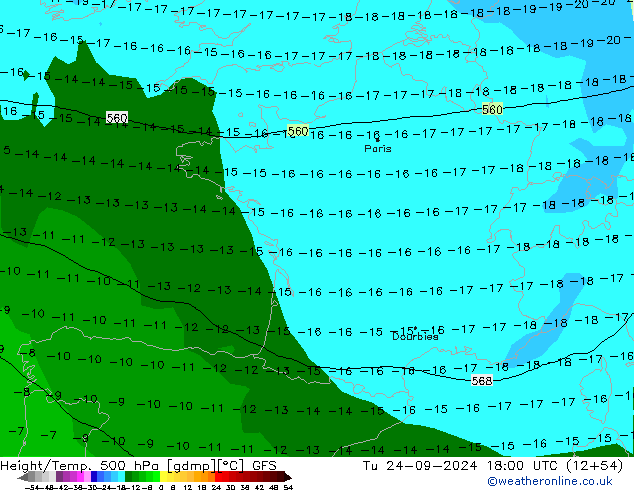 Height/Temp. 500 hPa GFS  24.09.2024 18 UTC