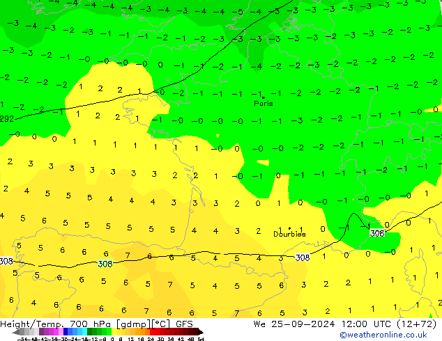 Height/Temp. 700 hPa GFS We 25.09.2024 12 UTC