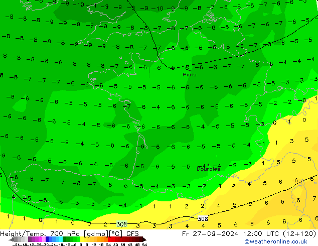 Geop./Temp. 700 hPa GFS vie 27.09.2024 12 UTC