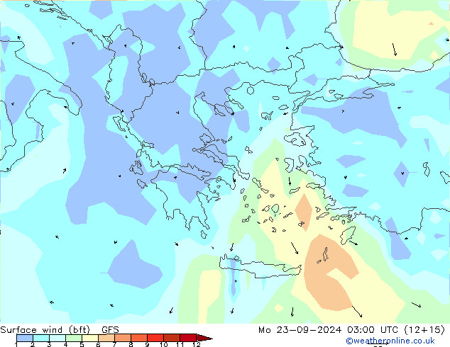 Surface wind (bft) GFS Mo 23.09.2024 03 UTC