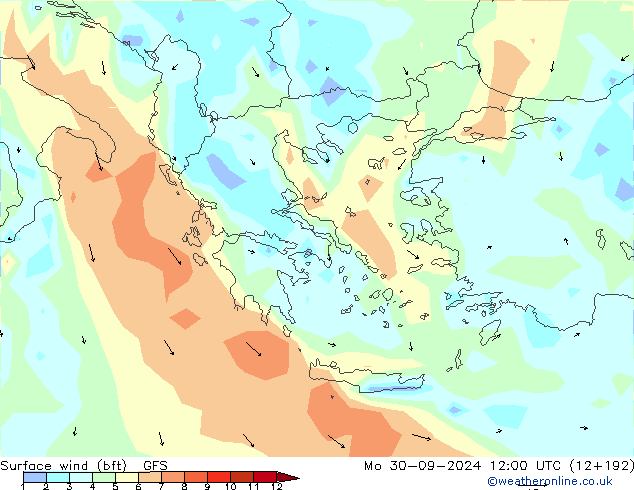 Vento 10 m (bft) GFS lun 30.09.2024 12 UTC