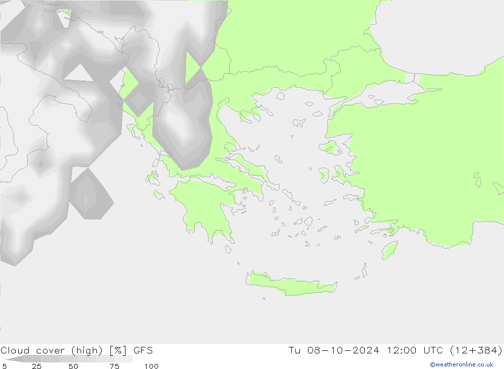 vysoký oblak GFS Út 08.10.2024 12 UTC