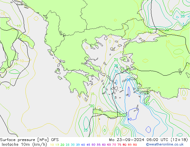 Isotachs (kph) GFS lun 23.09.2024 06 UTC