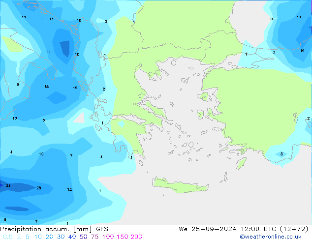 Precipitation accum. GFS We 25.09.2024 12 UTC