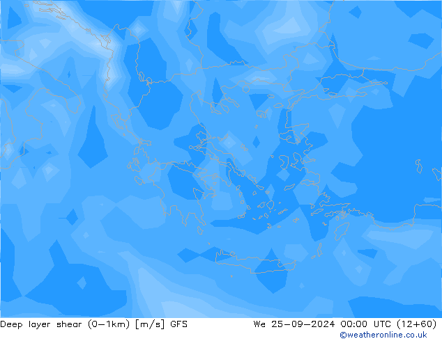 Deep layer shear (0-1km) GFS Qua 25.09.2024 00 UTC