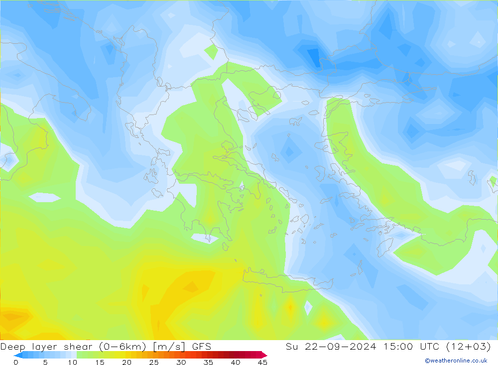 Deep layer shear (0-6km) GFS Paz 22.09.2024 15 UTC