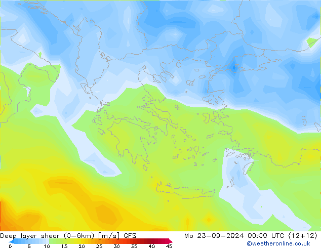 Deep layer shear (0-6km) GFS  23.09.2024 00 UTC