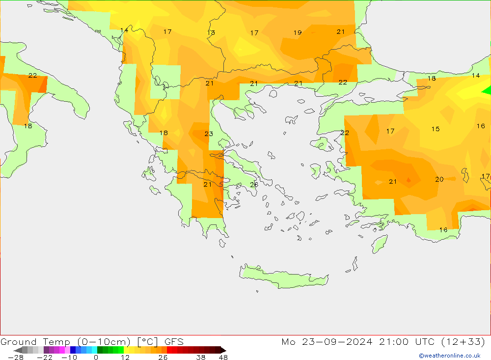 Ground Temp (0-10cm) GFS Po 23.09.2024 21 UTC