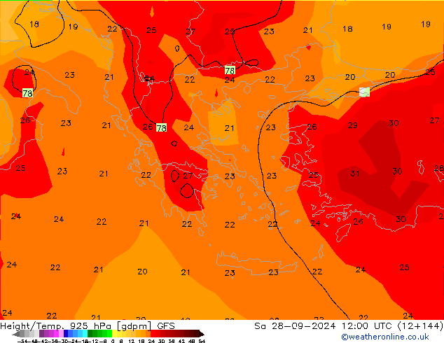 Height/Temp. 925 hPa GFS  28.09.2024 12 UTC