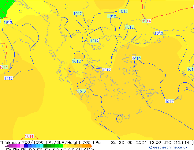 Dikte700-1000 hPa GFS za 28.09.2024 12 UTC