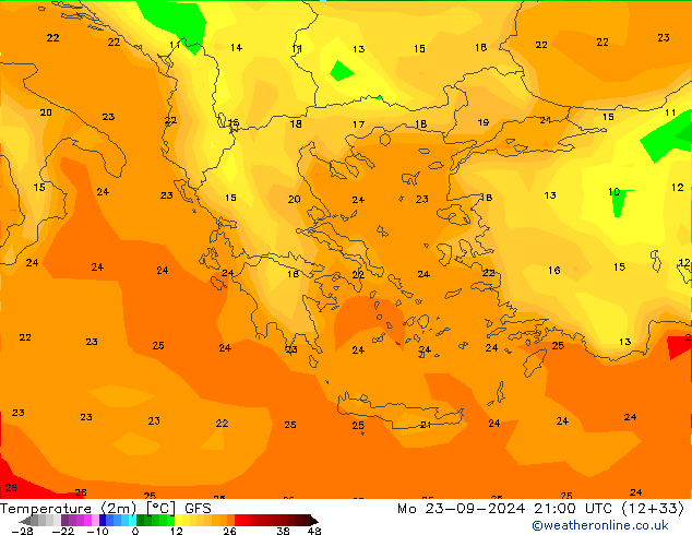 Temperature (2m) GFS Mo 23.09.2024 21 UTC