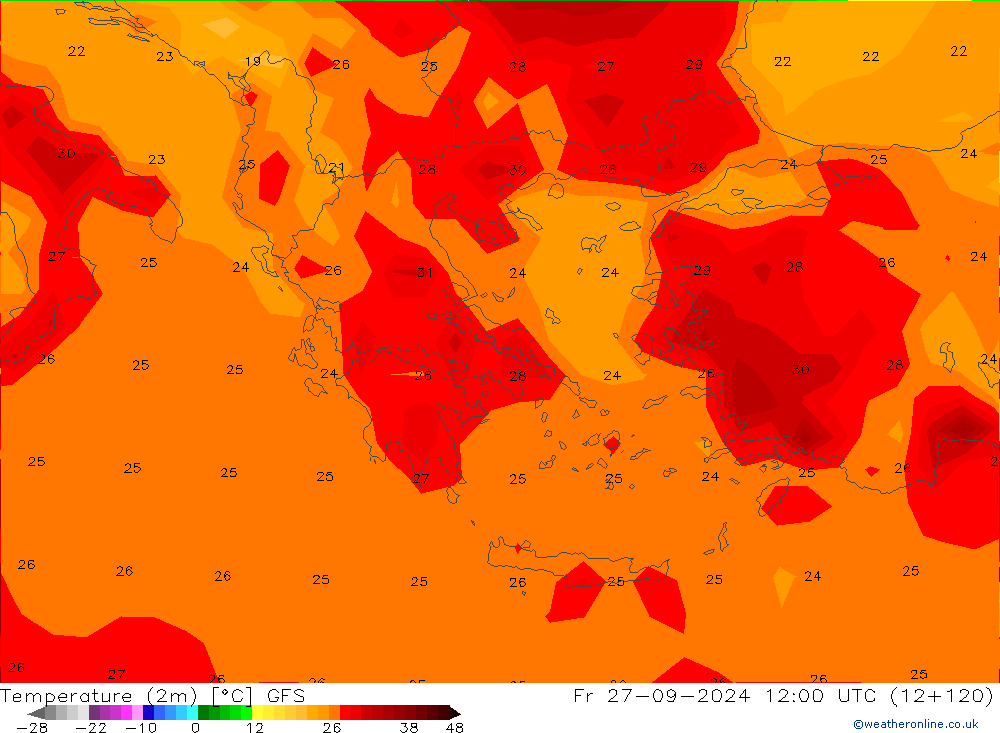 Temperatuurkaart (2m) GFS vr 27.09.2024 12 UTC