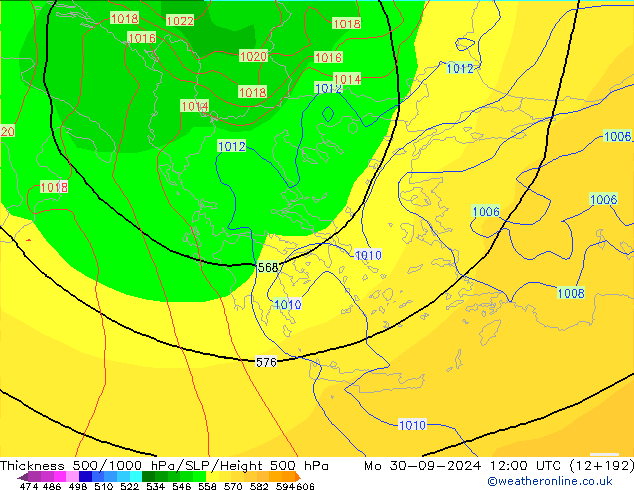 Thck 500-1000hPa GFS pon. 30.09.2024 12 UTC