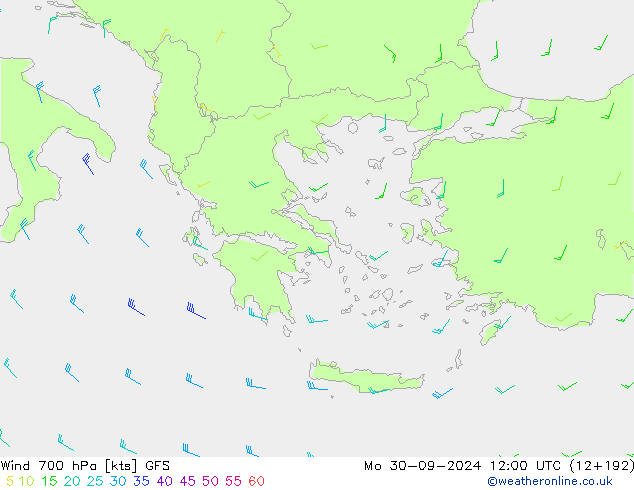 wiatr 700 hPa GFS pon. 30.09.2024 12 UTC