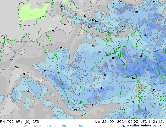 RH 700 hPa GFS lun 23.09.2024 00 UTC