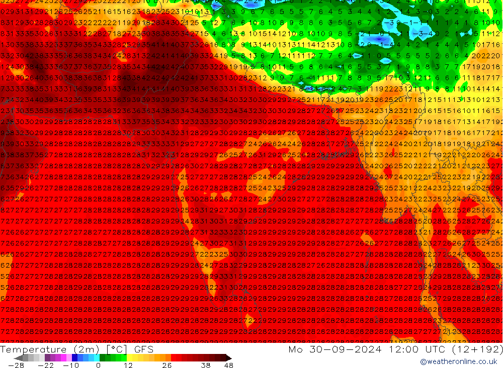 Temperatura (2m) GFS Seg 30.09.2024 12 UTC