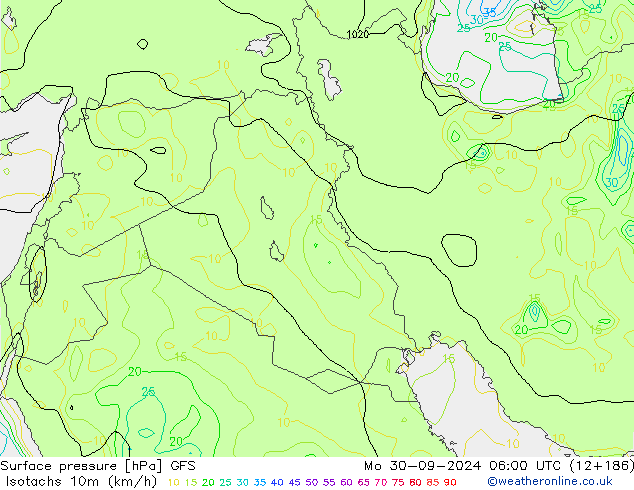 Isotachs (kph) GFS lun 30.09.2024 06 UTC