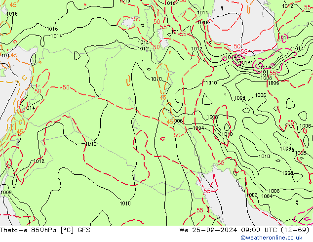 Theta-e 850гПа GFS ср 25.09.2024 09 UTC