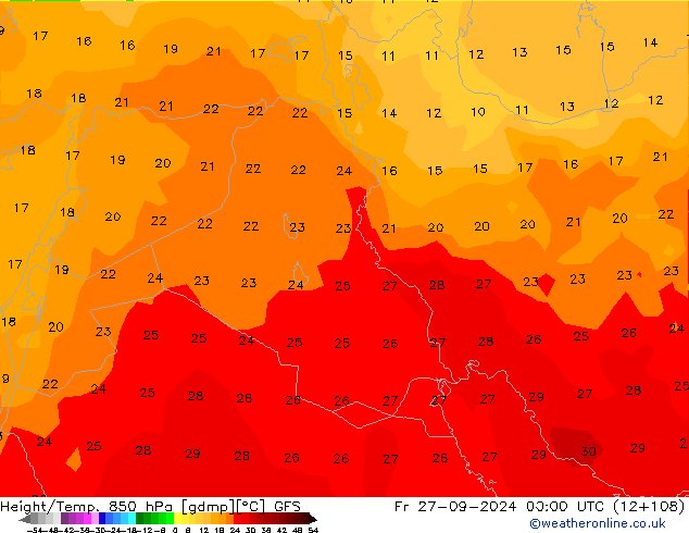 Height/Temp. 850 гПа GFS пт 27.09.2024 00 UTC