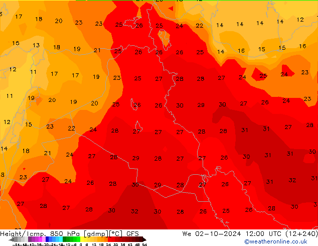 Height/Temp. 850 hPa GFS We 02.10.2024 12 UTC