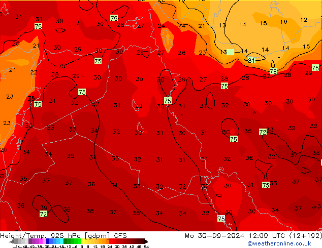 Height/Temp. 925 hPa GFS Po 30.09.2024 12 UTC