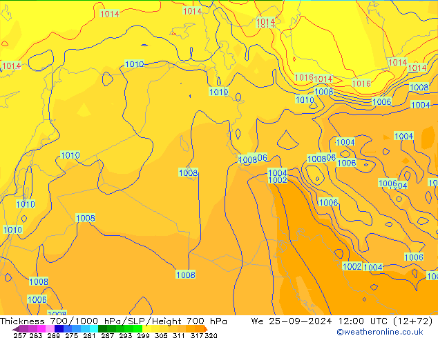 Thck 700-1000 hPa GFS śro. 25.09.2024 12 UTC