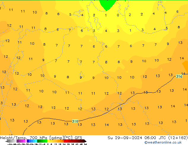 Geop./Temp. 700 hPa GFS dom 29.09.2024 06 UTC