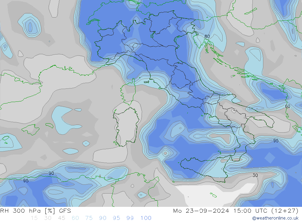 RH 300 hPa GFS pon. 23.09.2024 15 UTC