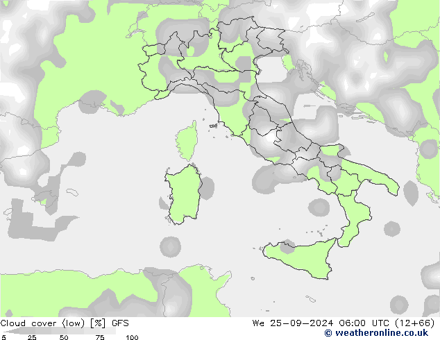 Cloud cover (low) GFS We 25.09.2024 06 UTC