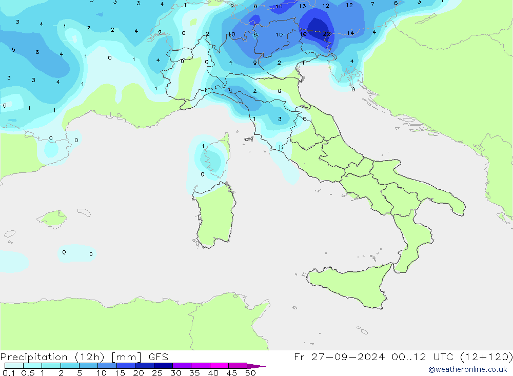 Precipitation (12h) GFS Pá 27.09.2024 12 UTC